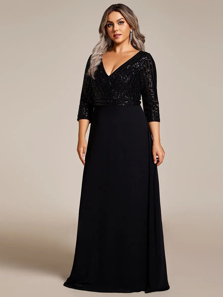 Plus Size V Neck A-Line Sequin Formal Evening Dress with Sleeve