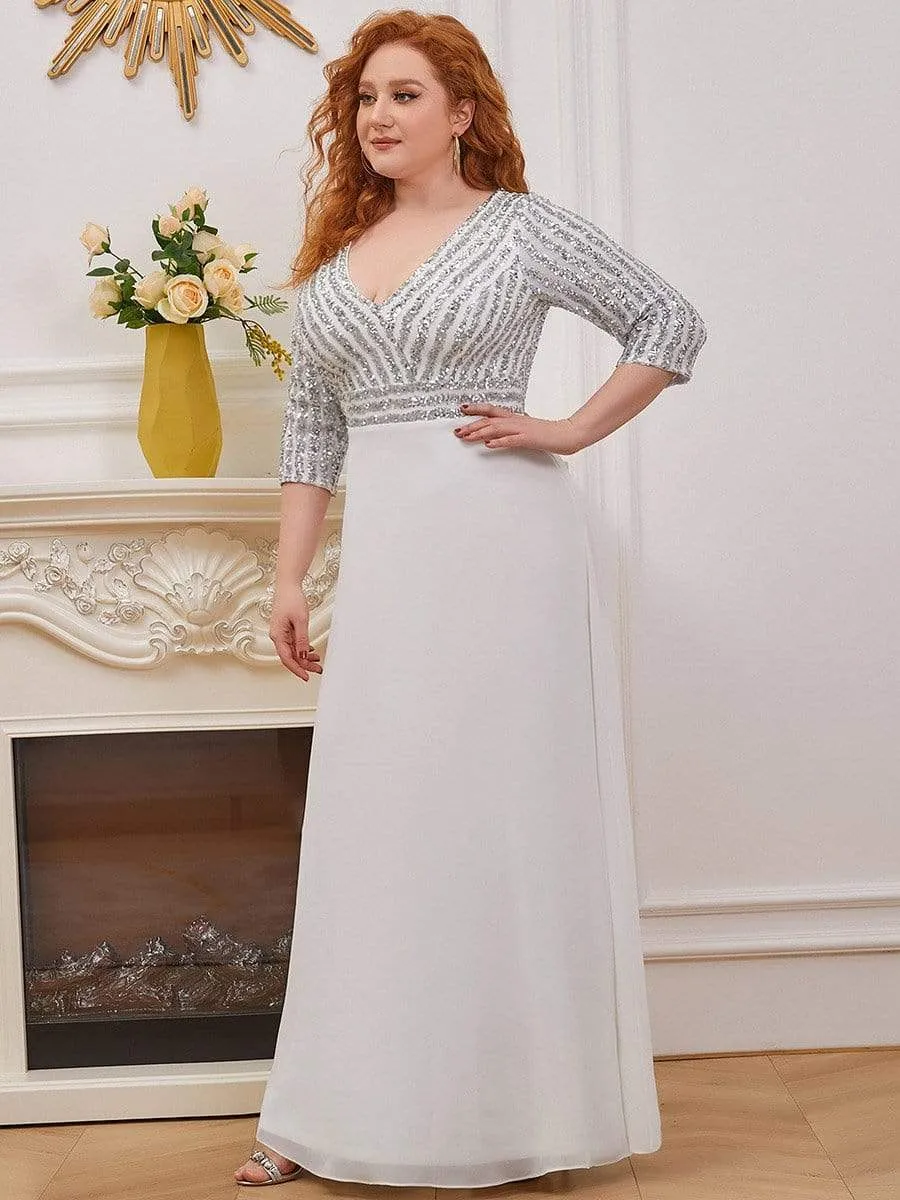 Plus Size V Neck A-Line Sequin Formal Evening Dress with Sleeve