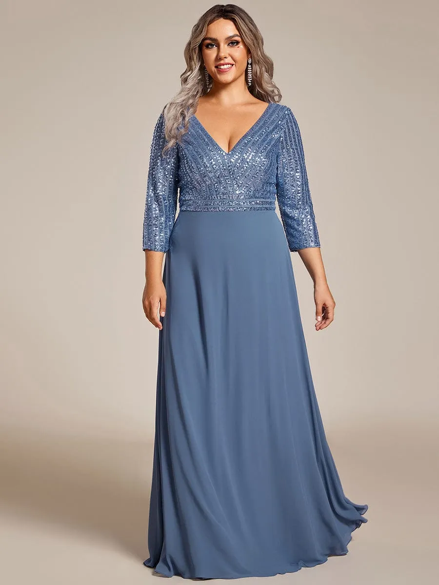 Plus Size V Neck A-Line Sequin Formal Evening Dress with Sleeve