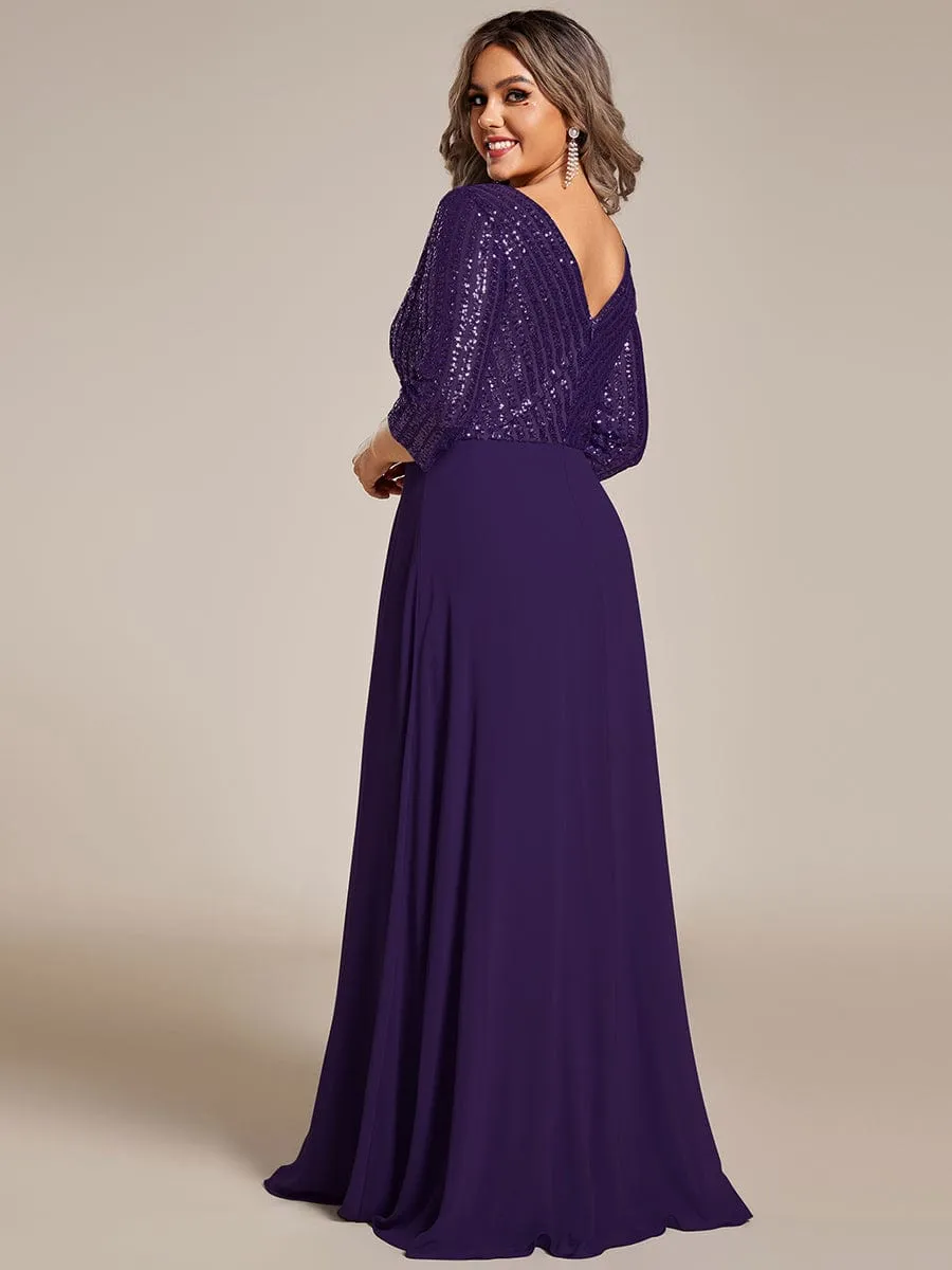 Plus Size V Neck A-Line Sequin Formal Evening Dress with Sleeve