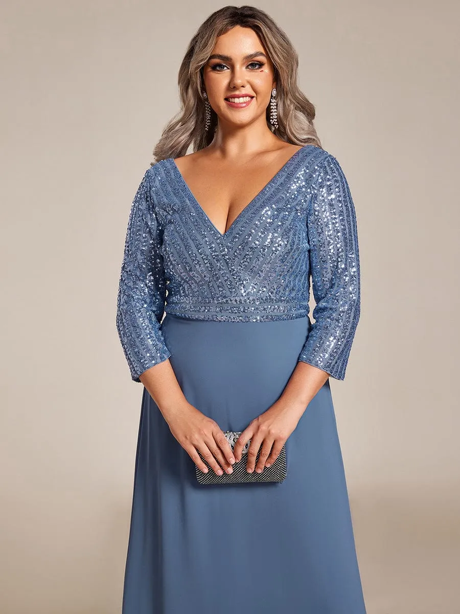 Plus Size V Neck A-Line Sequin Formal Evening Dress with Sleeve