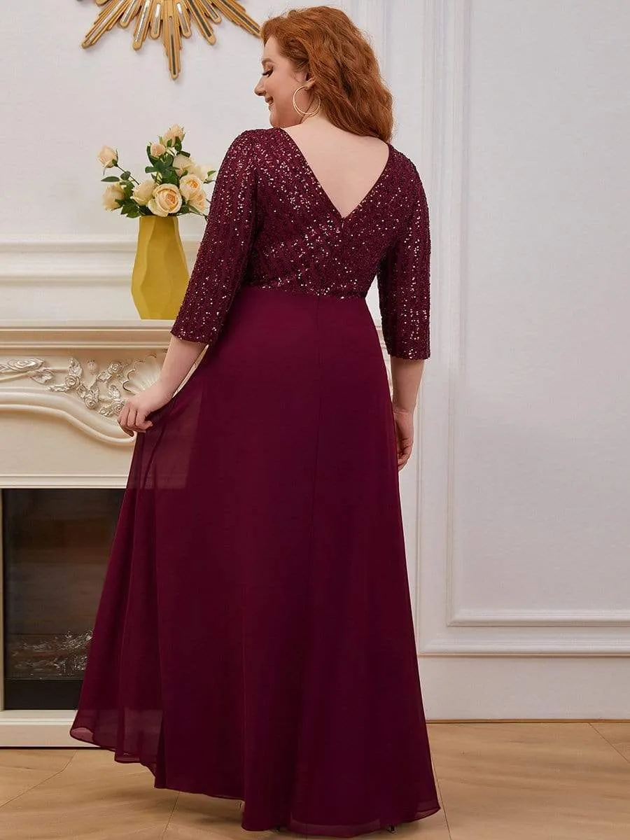 Plus Size V Neck A-Line Sequin Formal Evening Dress with Sleeve