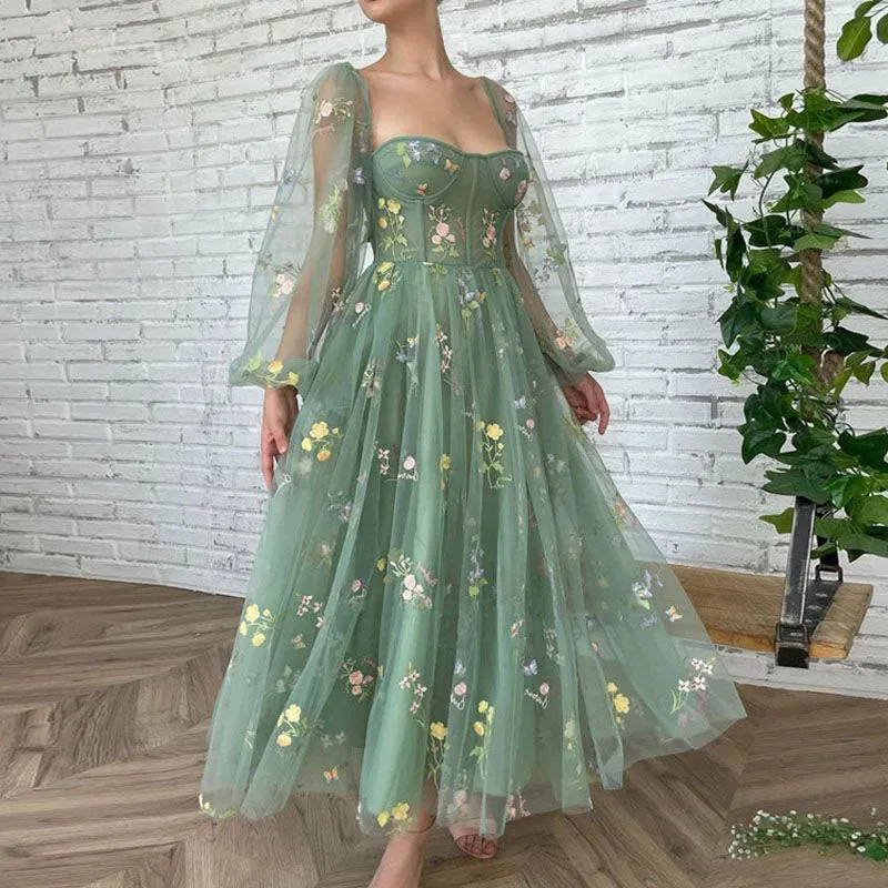 Retro Floral Flower Embroidered Maxi Prom Tulle Formal Gown Dress