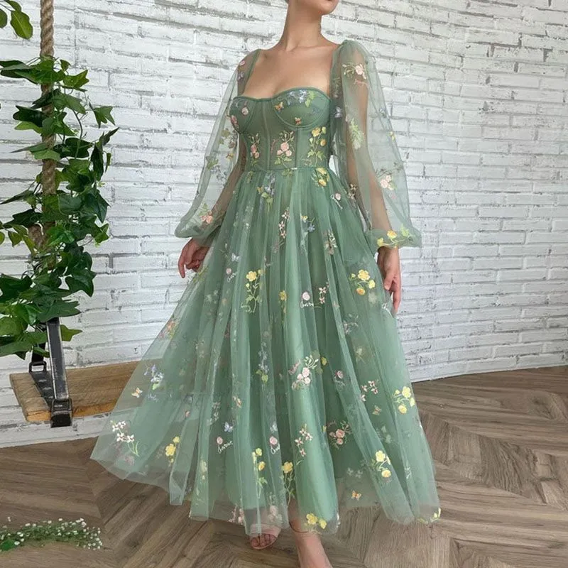 Retro Floral Flower Embroidered Maxi Prom Tulle Formal Gown Dress