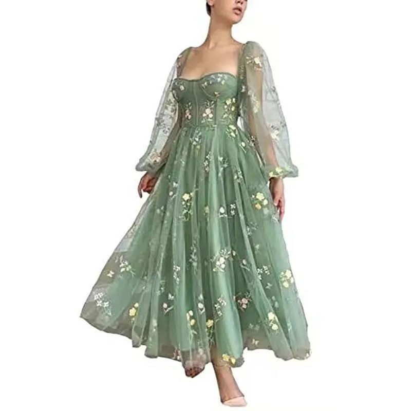 Retro Floral Flower Embroidered Maxi Prom Tulle Formal Gown Dress