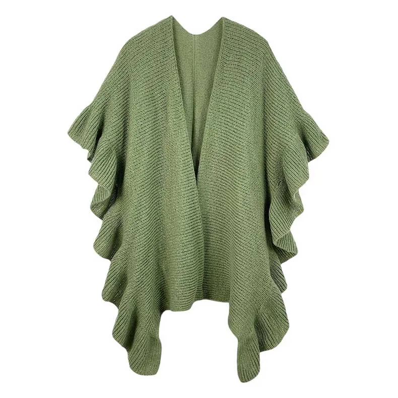 Reversible Ruffle Sleeves Knit Ruana Poncho