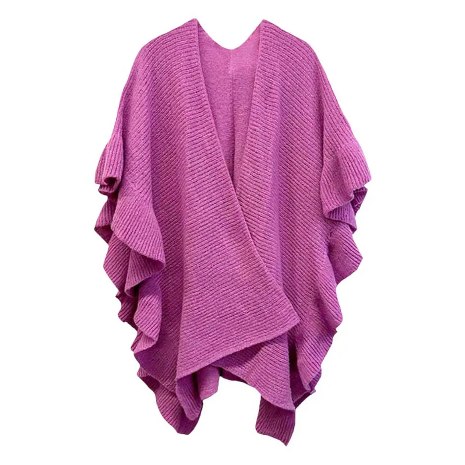 Reversible Ruffle Sleeves Knit Ruana Poncho