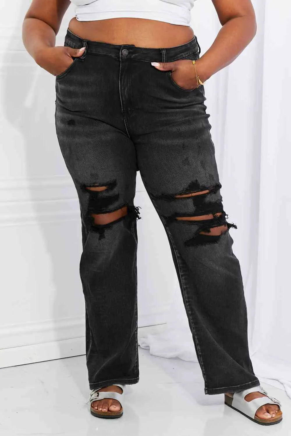 RISEN Lois Distressed Loose Fit Jeans in Black