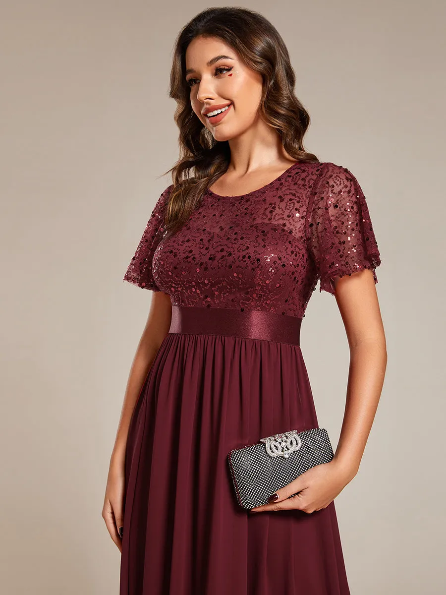 Round-Neck Sequin Chiffon High Waist Formal Evening Dress With Short Sleeves