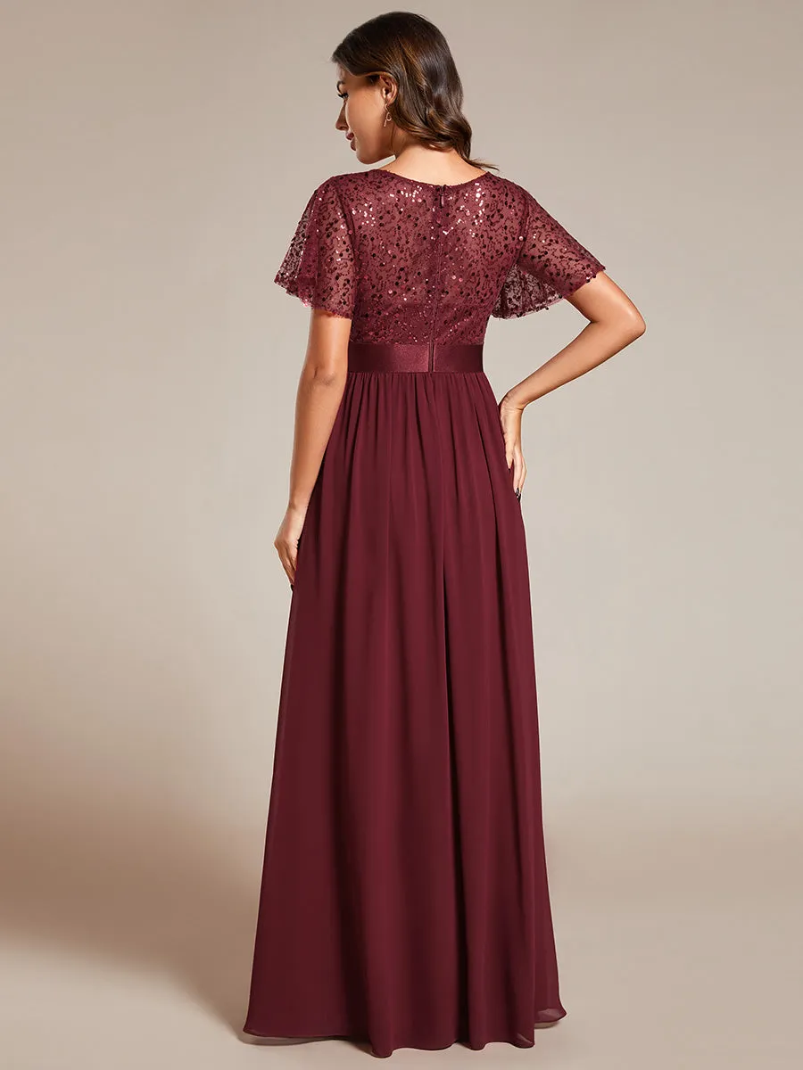 Round-Neck Sequin Chiffon High Waist Formal Evening Dress With Short Sleeves