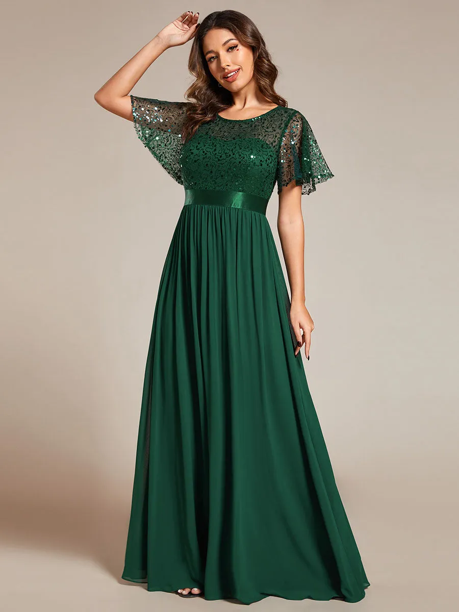 Round-Neck Sequin Chiffon High Waist Formal Evening Dress With Short Sleeves