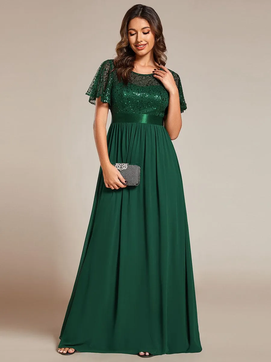 Round-Neck Sequin High Waist Short-Sleeved Formal Evening Dress