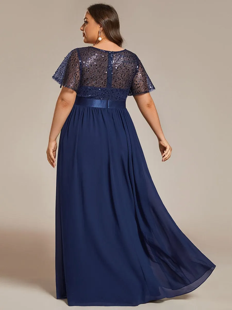 Round-Neck Sequin High Waist Short-Sleeved Formal Evening Dress