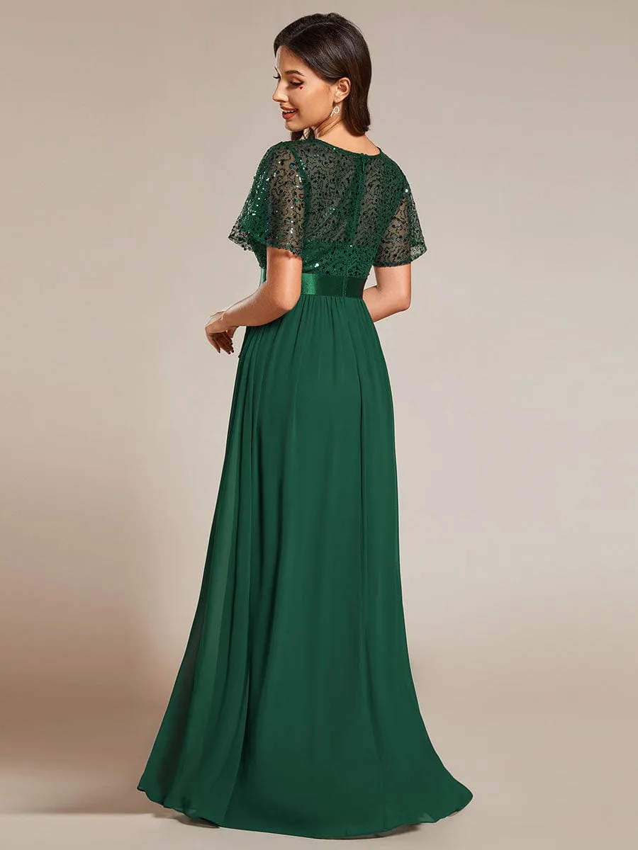 Round-Neck Sequin High Waist Short-Sleeved Formal Evening Dress