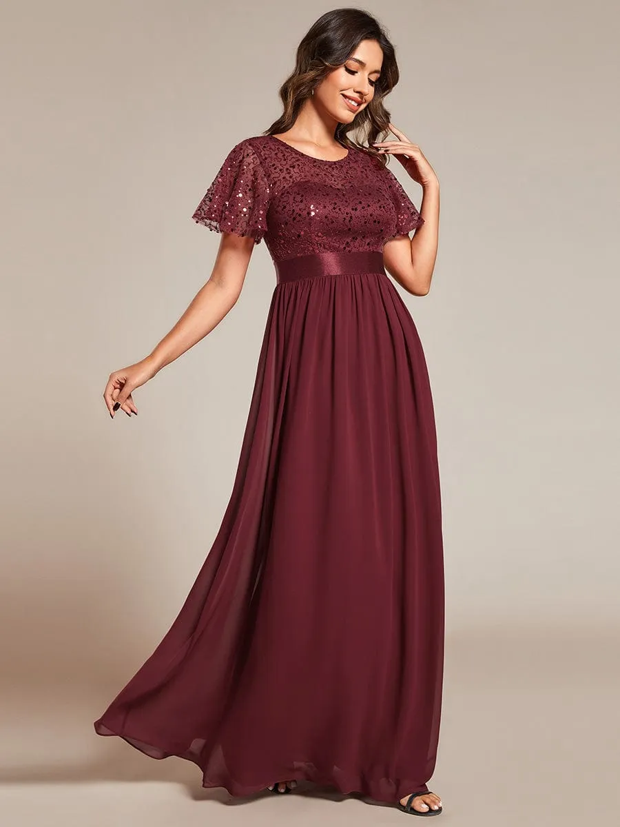 Round-Neck Sequin High Waist Short-Sleeved Formal Evening Dress