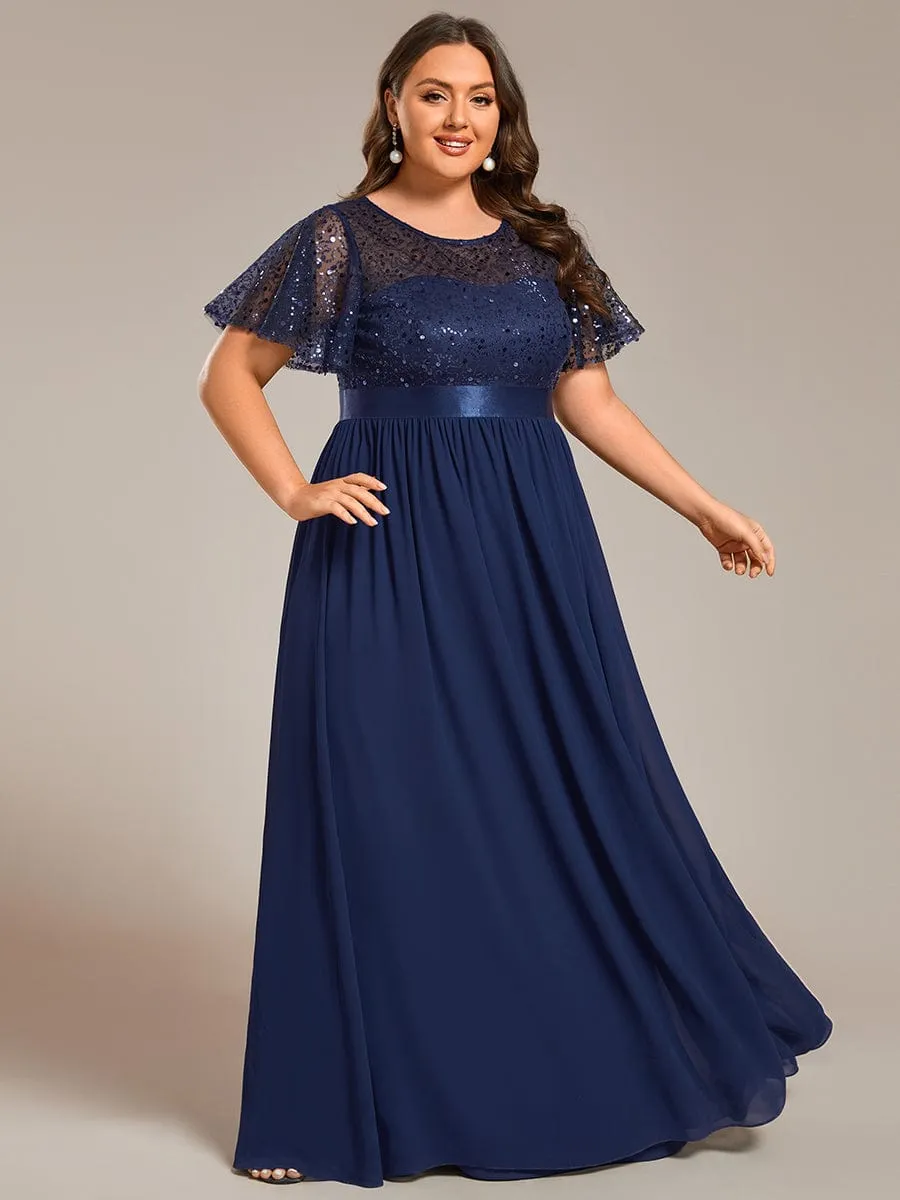 Round-Neck Sequin High Waist Short-Sleeved Formal Evening Dress