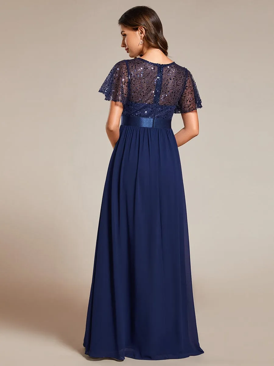 Round-Neck Sequin High Waist Short-Sleeved Formal Evening Dress