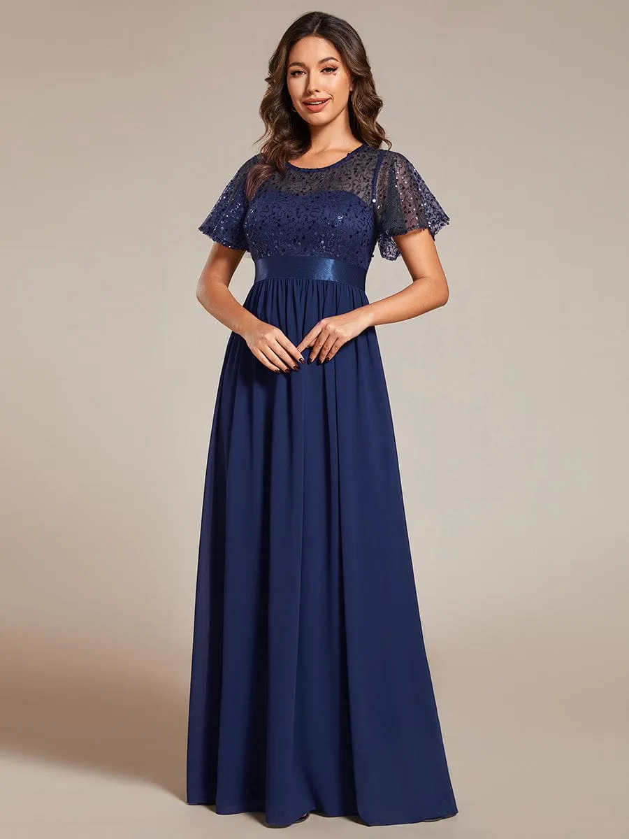 Round-Neck Sequin High Waist Short-Sleeved Formal Evening Dress