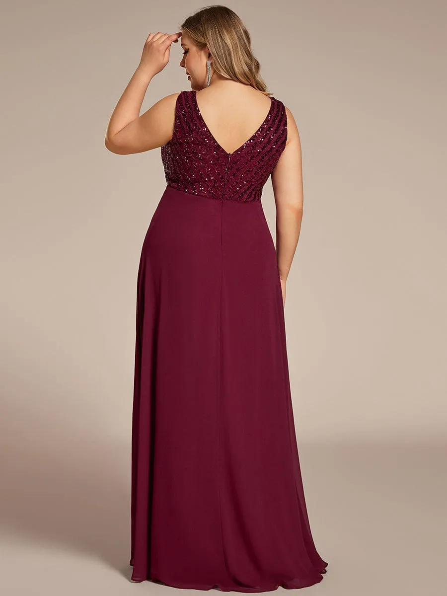 Sequin Sleeveless Double V-Neck Formal Evening Dress