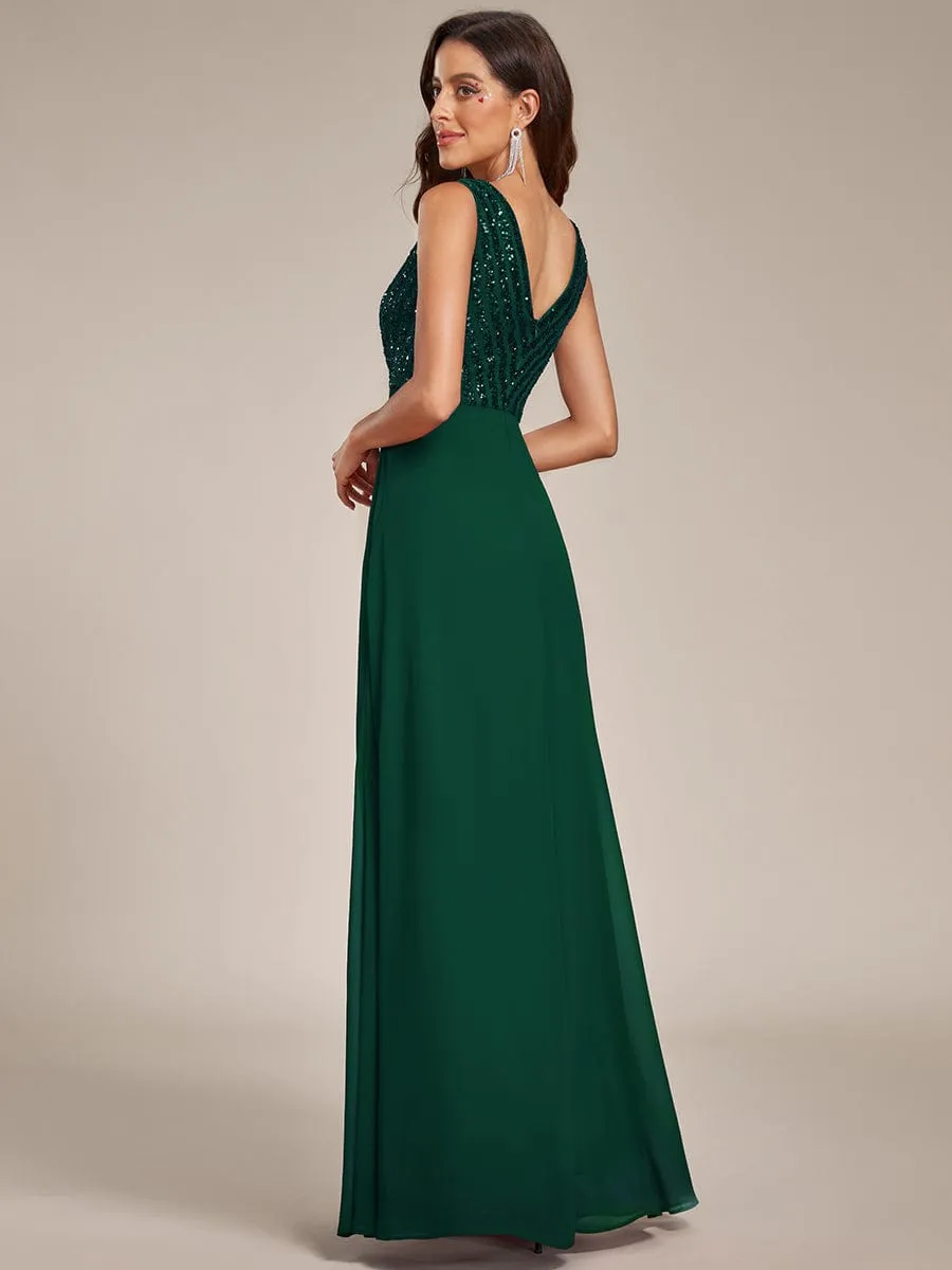 Sequin Sleeveless Double V-Neck Formal Evening Dress