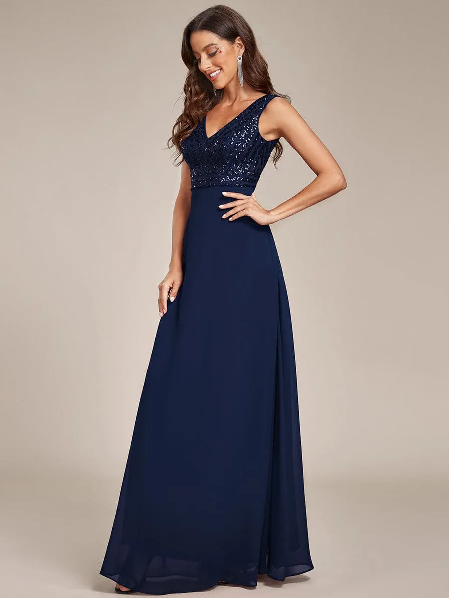 Sequin Sleeveless Double V-Neck Formal Evening Dress