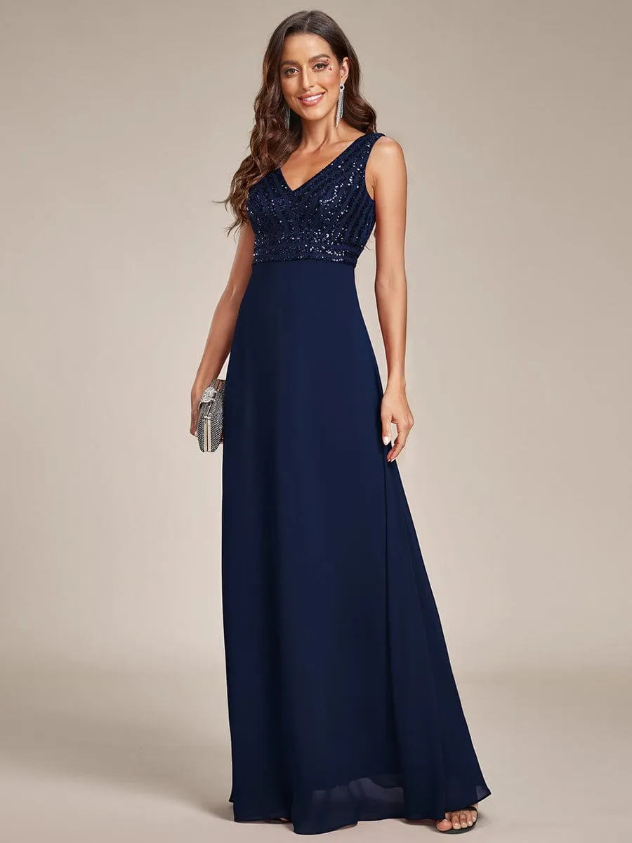 Sequin Sleeveless Double V-Neck Formal Evening Dress