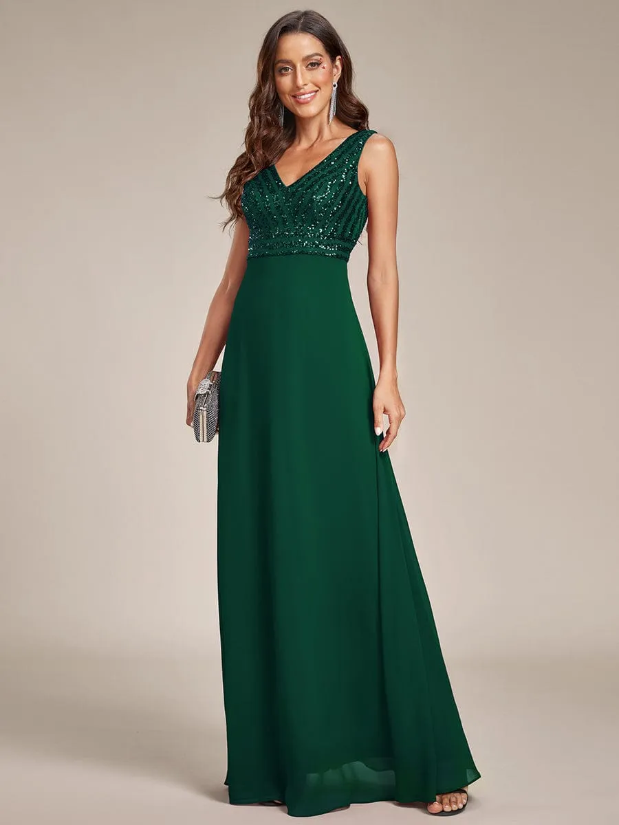 Sequin Sleeveless Double V-Neck Formal Evening Dress