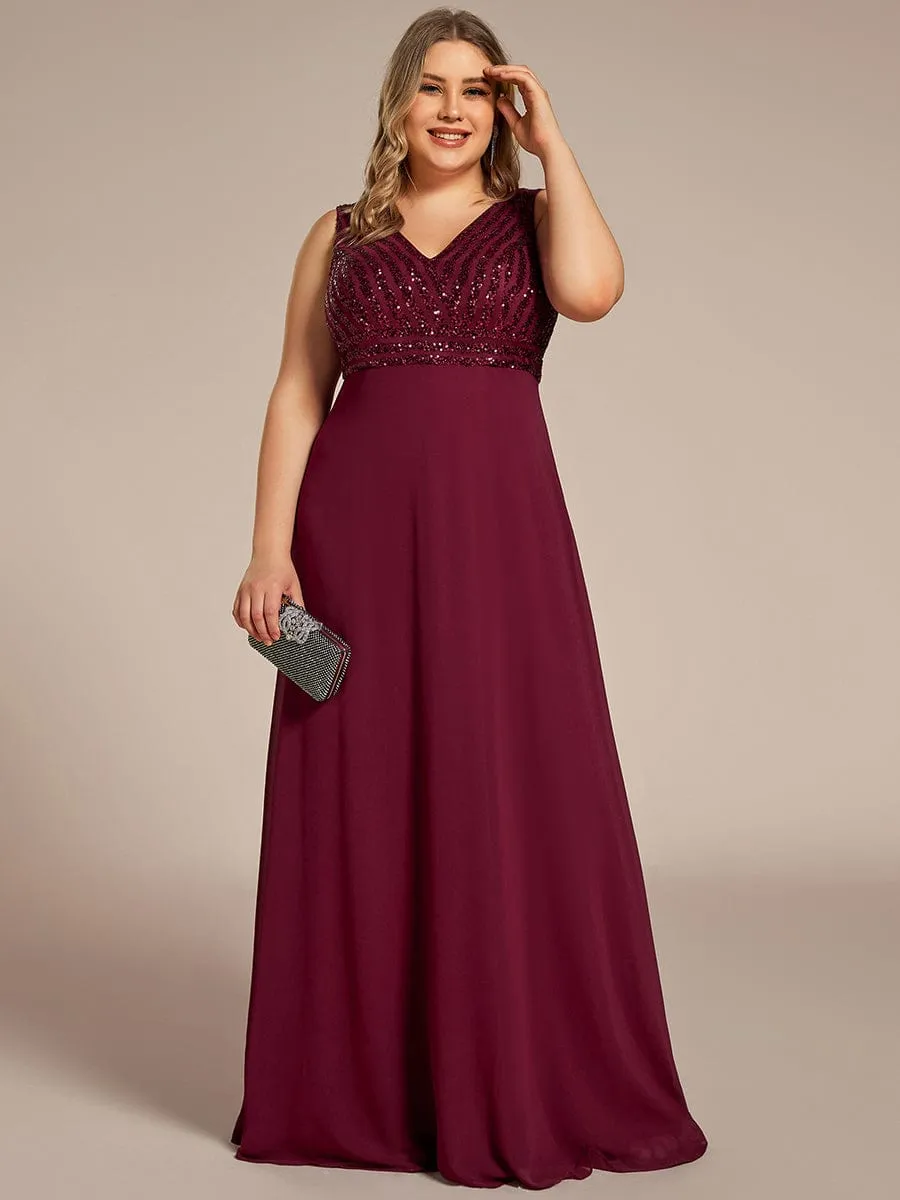 Sequin Sleeveless Double V-Neck Formal Evening Dress