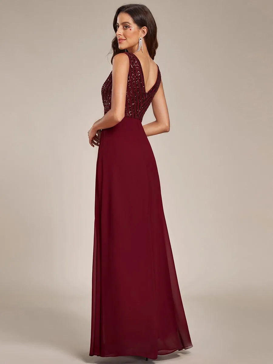 Sequin Sleeveless Double V-Neck Formal Evening Dress