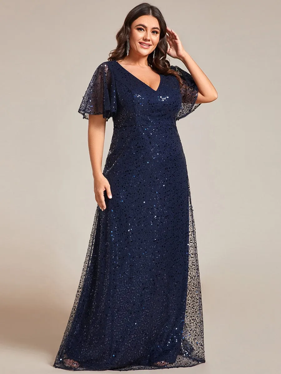 Shimmering All Over Sequin Short Sleeves A-Line Formal Evening Dress