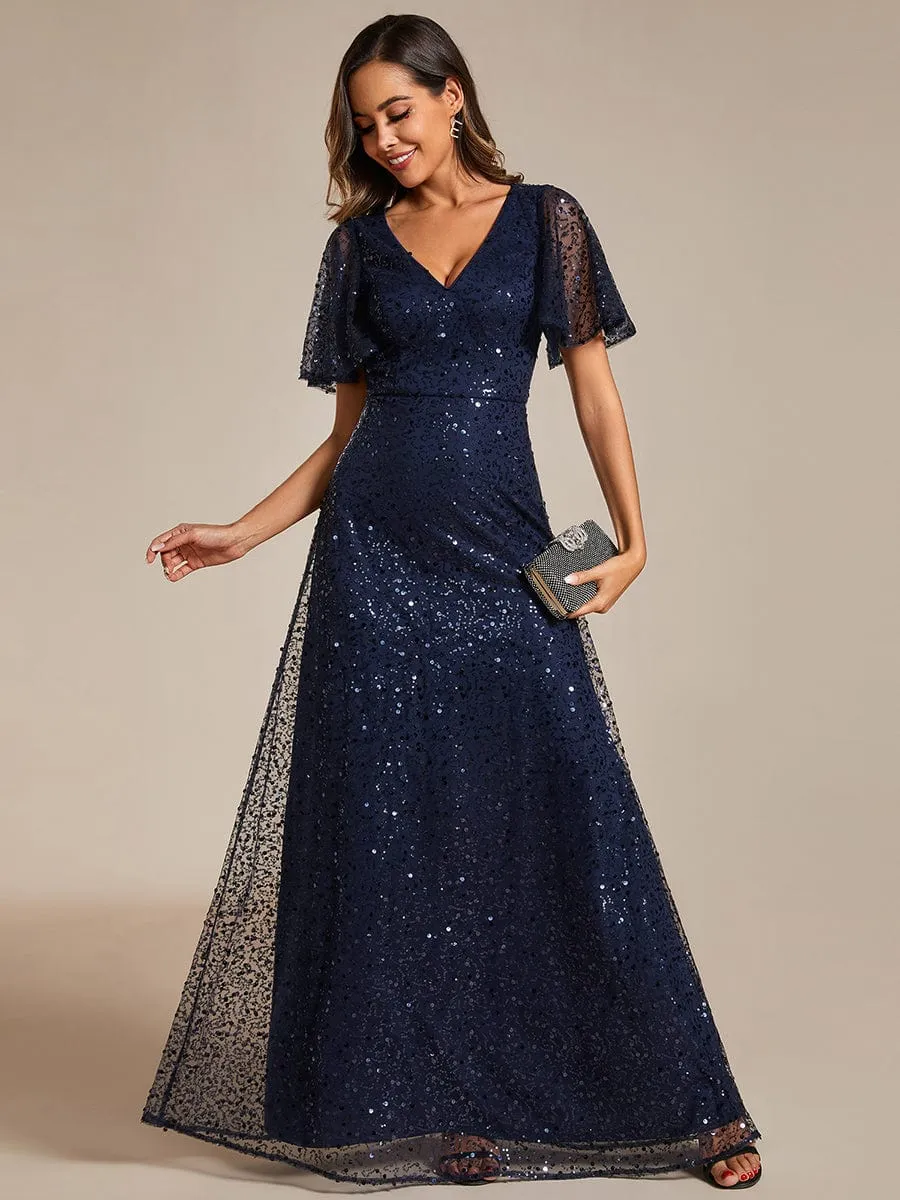 Shimmering All Over Sequin Short Sleeves A-Line Formal Evening Dress