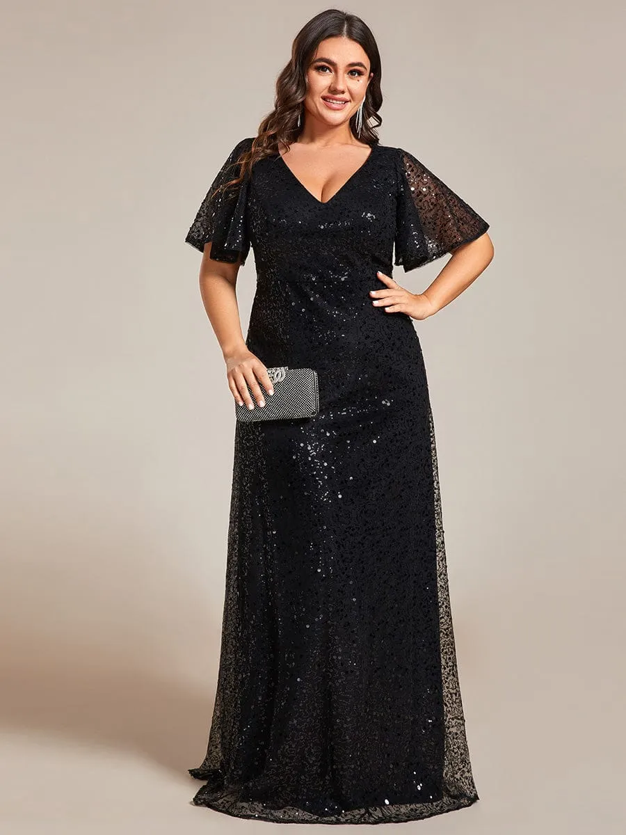 Shimmering All Over Sequin Short Sleeves A-Line Formal Evening Dress