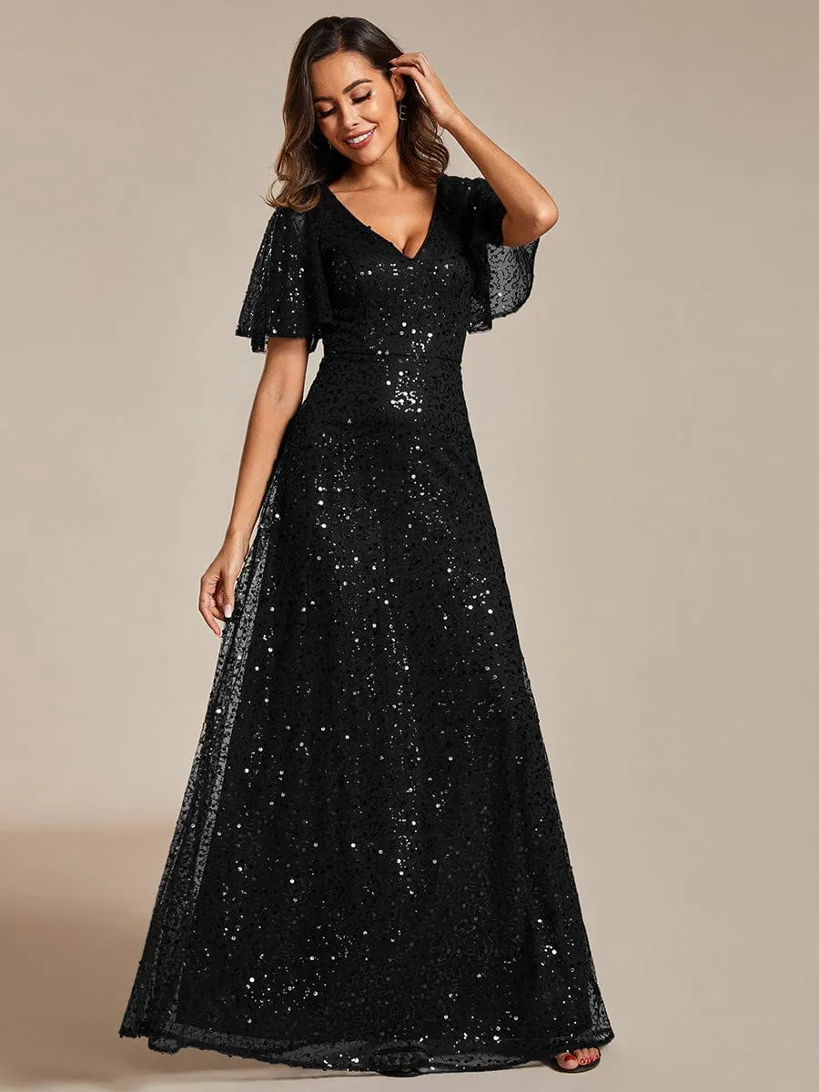 Shimmering All Over Sequin Short Sleeves A-Line Formal Evening Dress