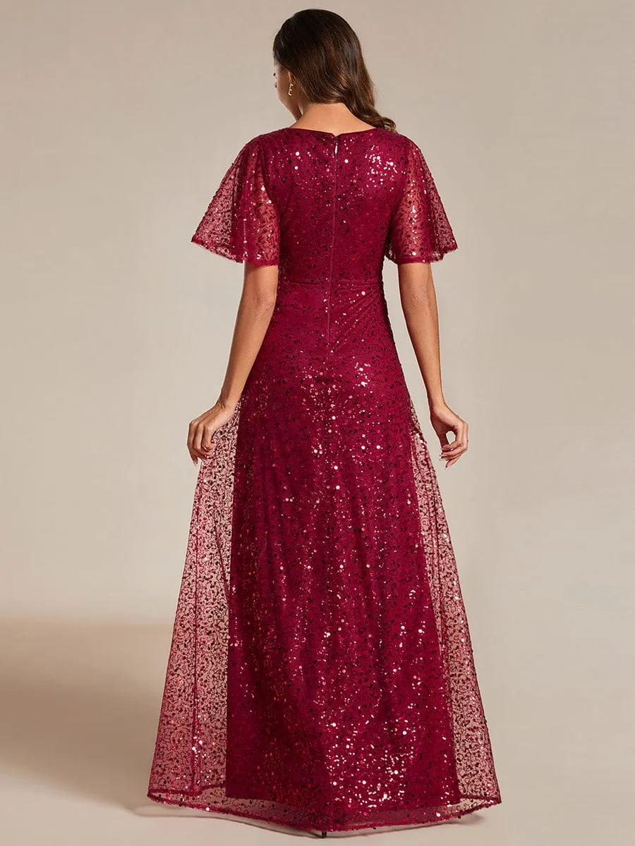 Shimmering All Over Sequin Short Sleeves A-Line Formal Evening Dress