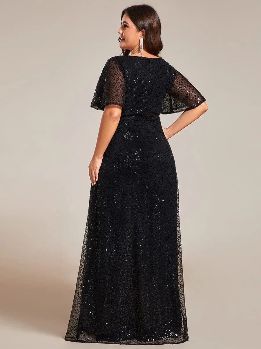 Shimmering All Over Sequin Short Sleeves A-Line Formal Evening Dress