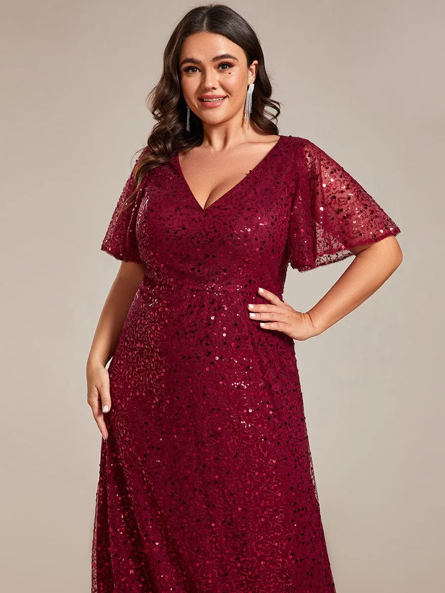 Shimmering All Over Sequin Short Sleeves A-Line Formal Evening Dress