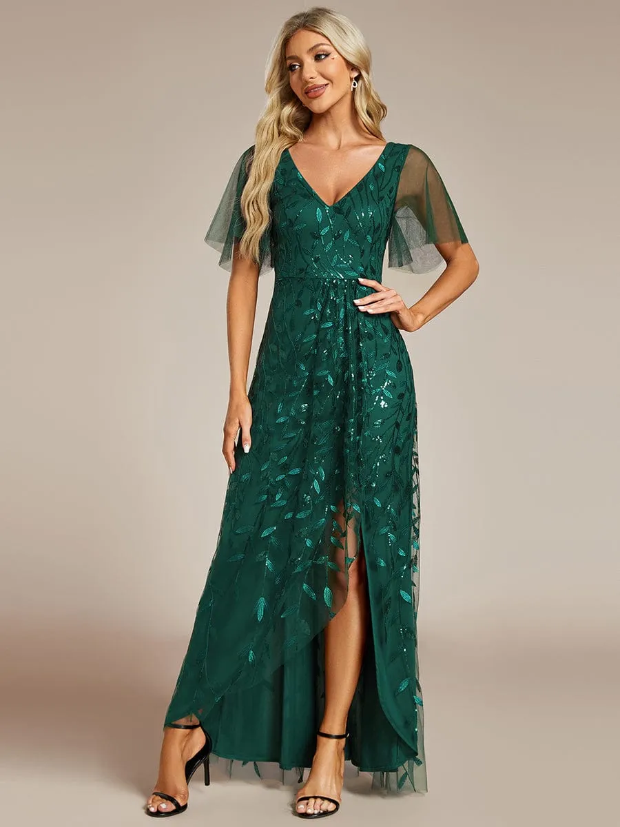 Short Sleeves Sequin High Low V-Neck Midi Formal Evening Dress