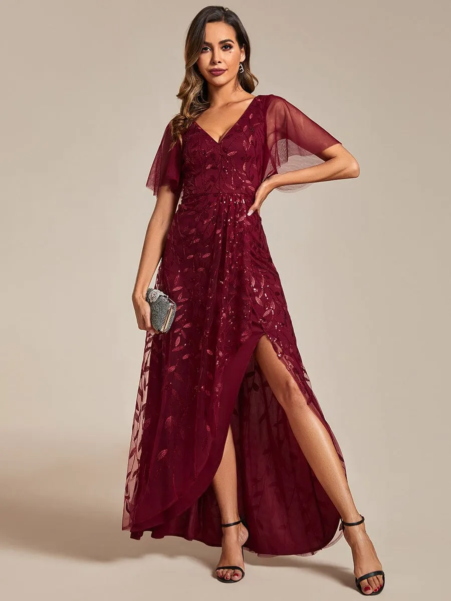 Short Sleeves Sequin High Low V-Neck Midi Formal Evening Dress