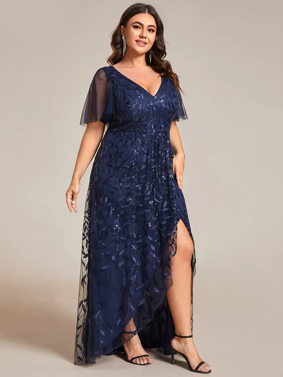 Short Sleeves Sequin High Low V-Neck Midi Formal Evening Dress