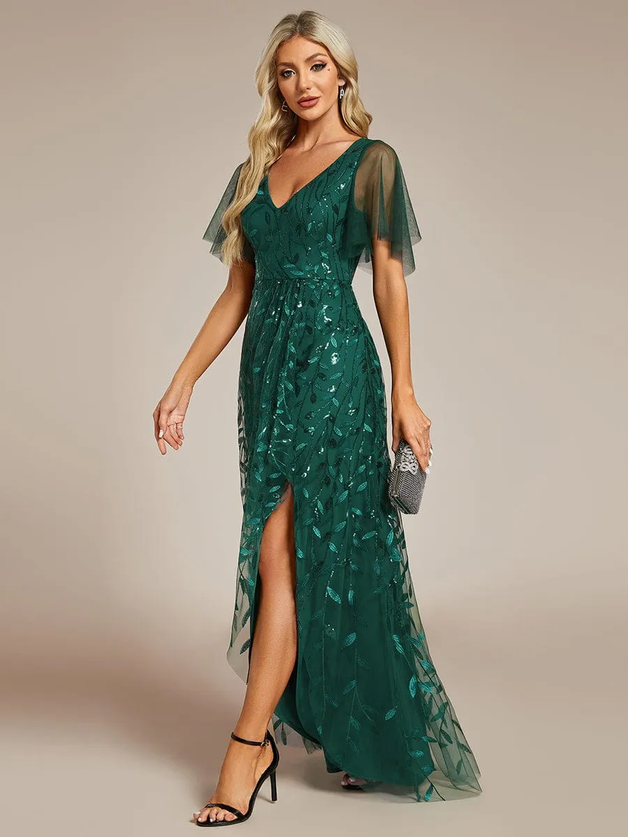 Short Sleeves Sequin High Low V-Neck Midi Formal Evening Dress