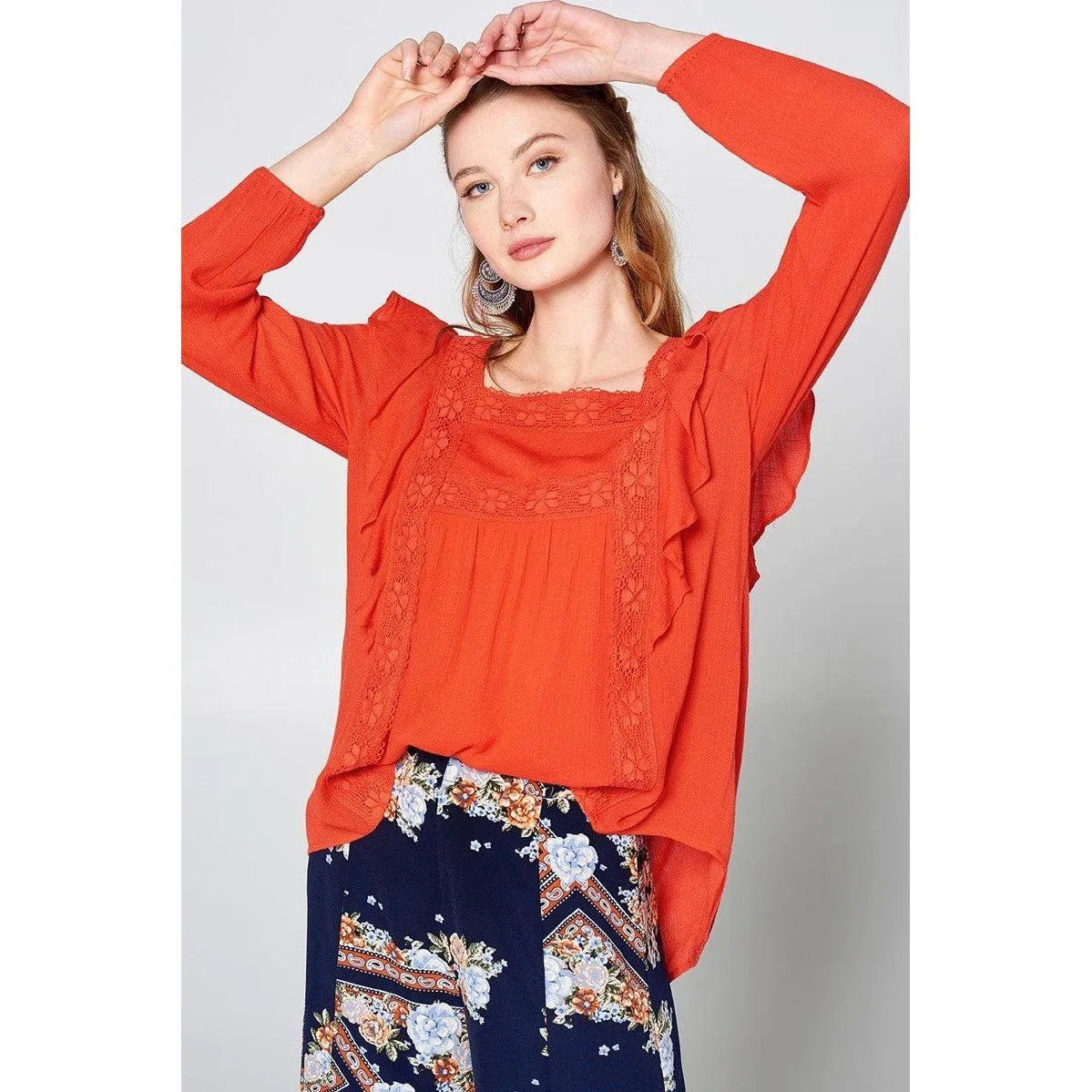 Solid Loose-fit Gauze Peasant Blouse