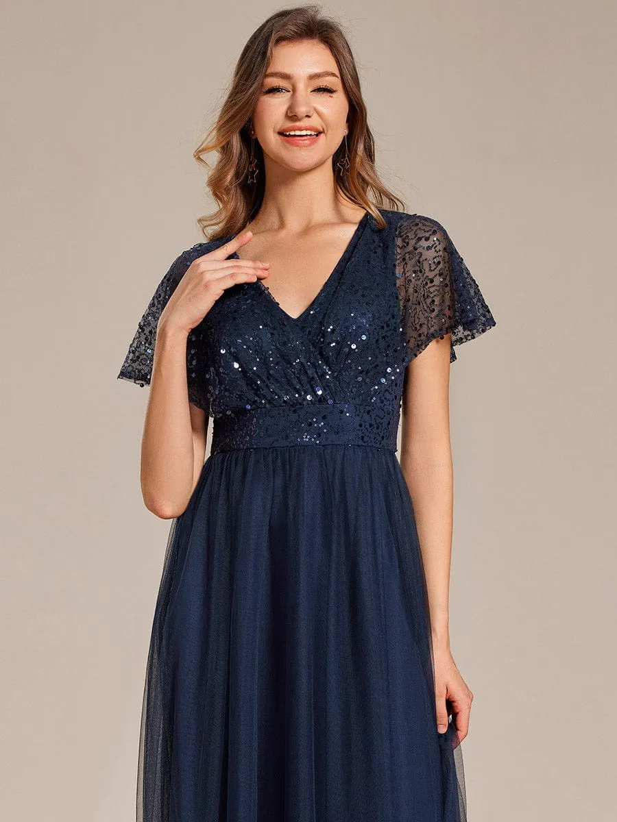 Sparkly Sequin A-Line V-Neck Tulle Formal Evening Dress