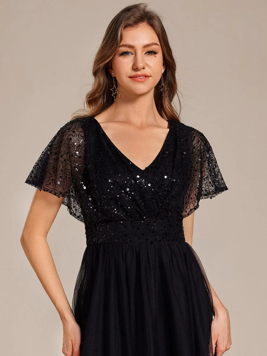 Sparkly Sequin A-Line V-Neck Tulle Formal Evening Dress