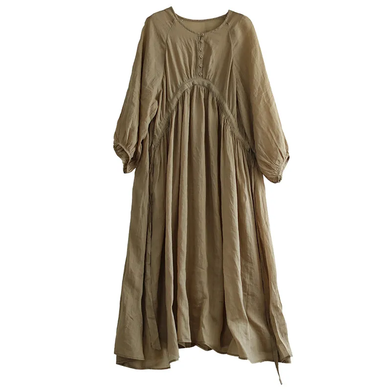 Summer Retro Loose Long Sleeve Thin Linen Solid Dress