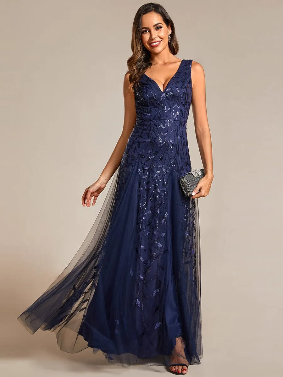 V-Neck Leaf Sequin Sleeveless A-Line Formal Evening Dress with Tulle