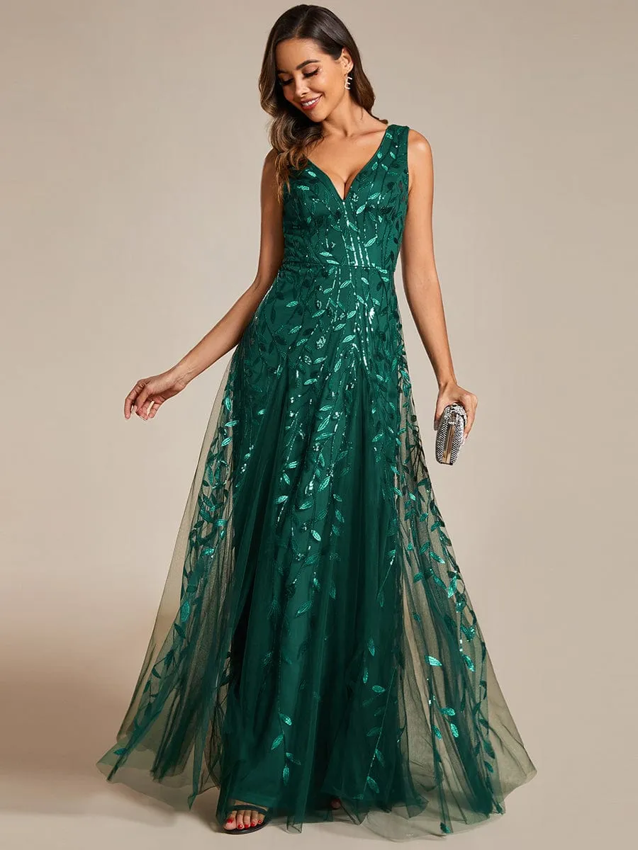 V-Neck Leaf Sequin Sleeveless A-Line Formal Evening Dress with Tulle