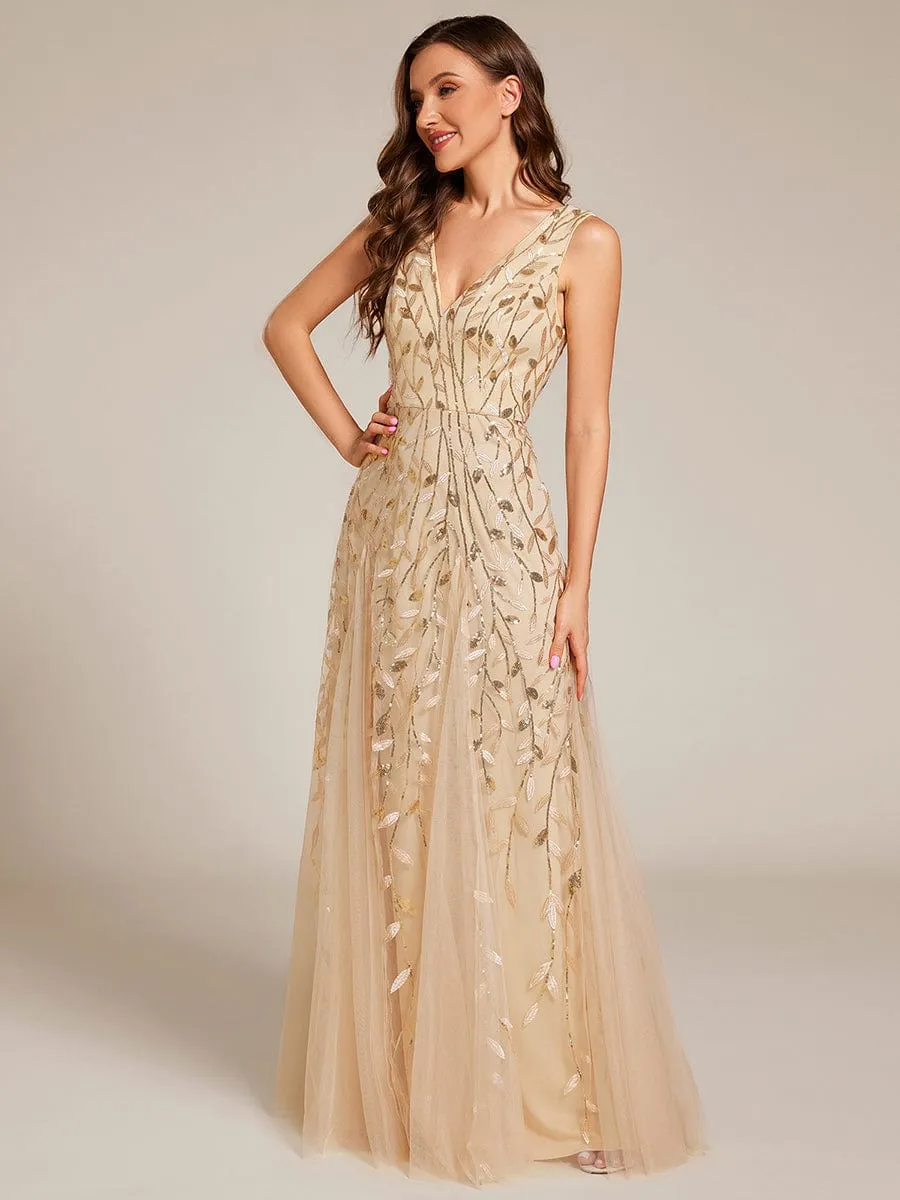 V-Neck Leaf Sequin Sleeveless A-Line Formal Evening Dress with Tulle