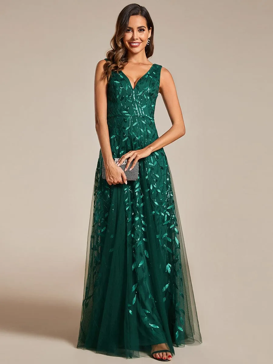 V-Neck Leaf Sequin Sleeveless A-Line Formal Evening Dress with Tulle