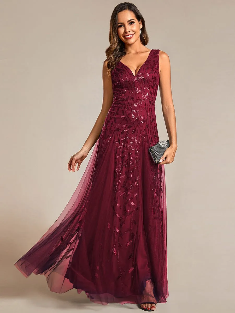 V-Neck Leaf Sequin Sleeveless A-Line Formal Evening Dress with Tulle