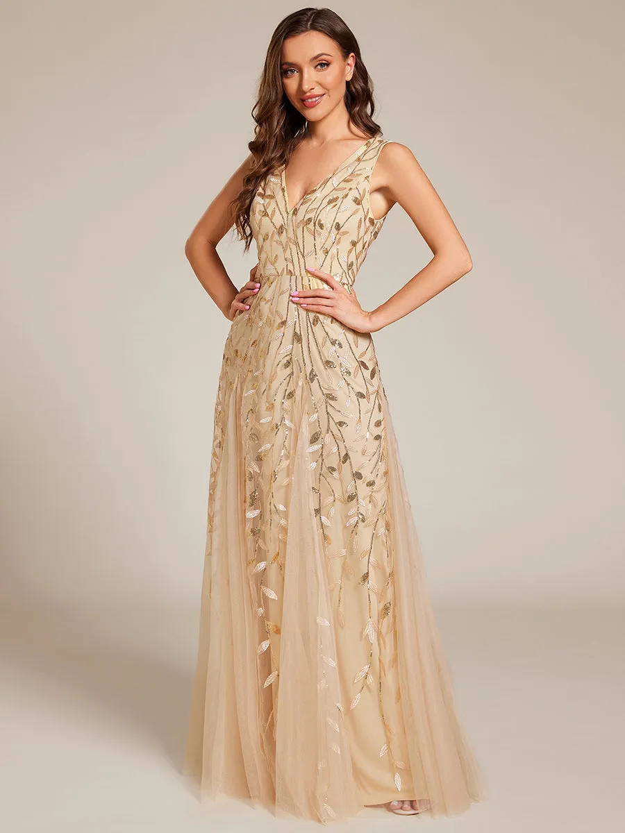 V-Neck Leaf Sequin Sleeveless A-Line Formal Evening Dress with Tulle